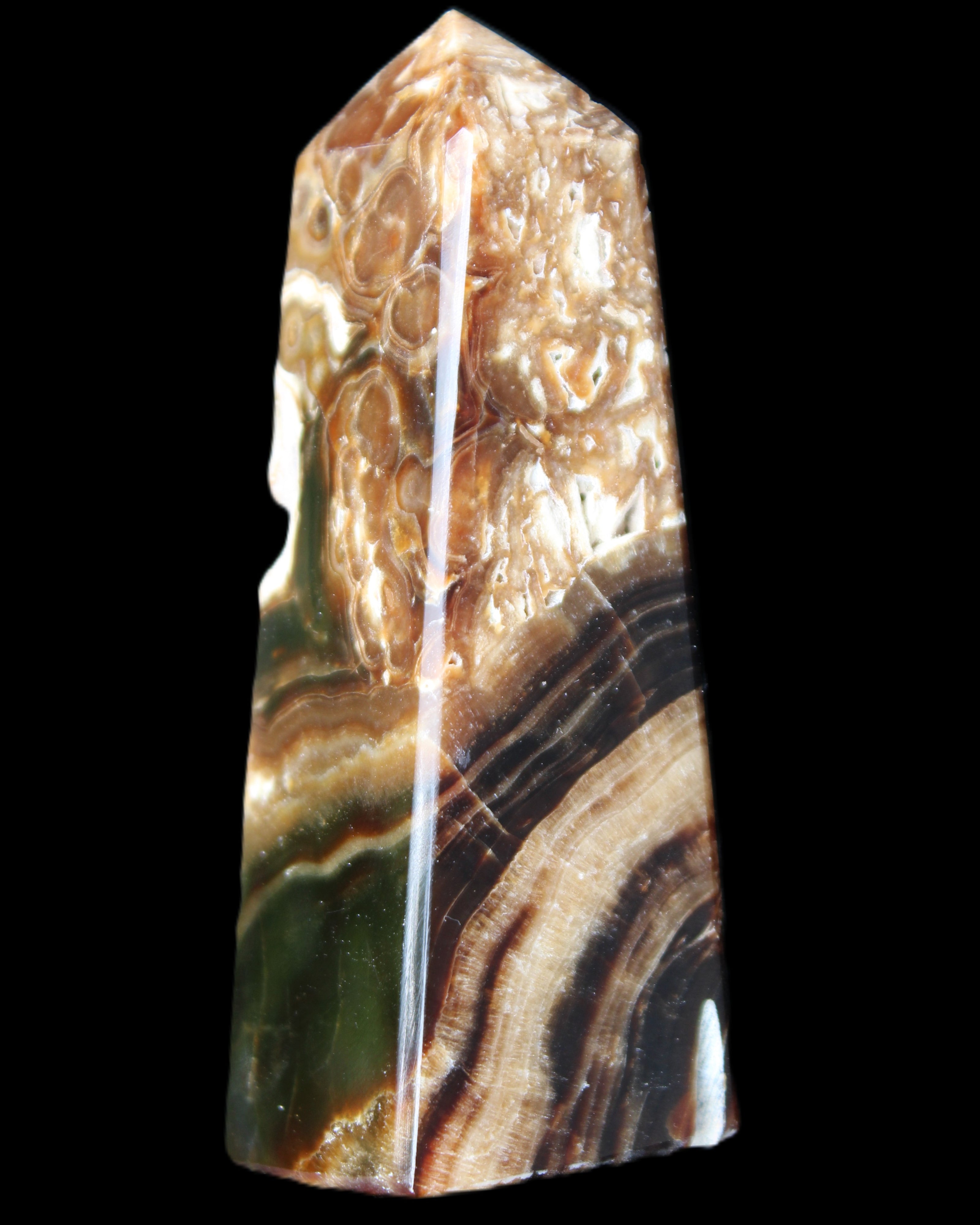 Chocolate Calcite obelisk 111*35mm 208g in UV light - Rocks and Things Store