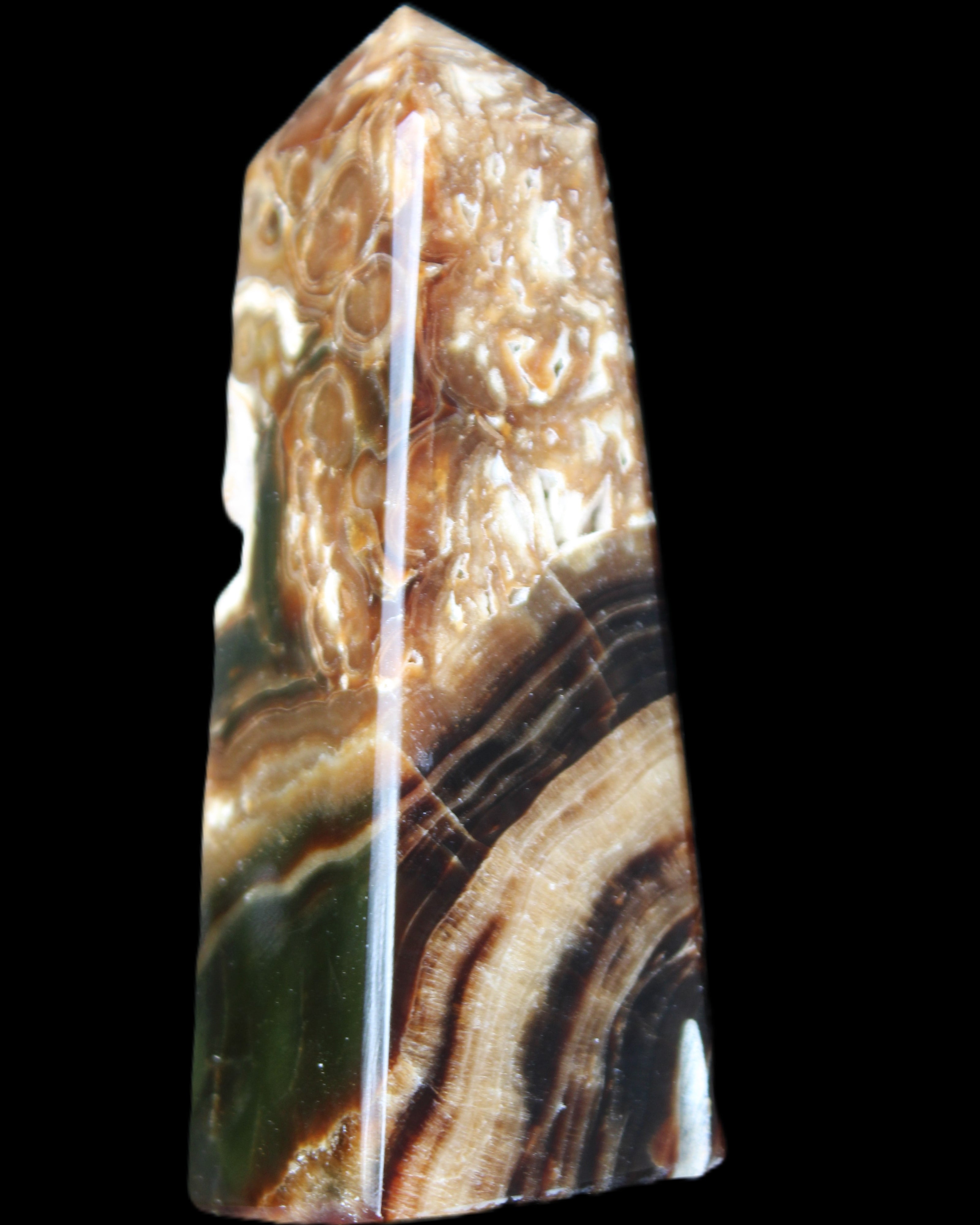 Chocolate Calcite obelisk 111*35mm 208g in UV light - Rocks and Things Store