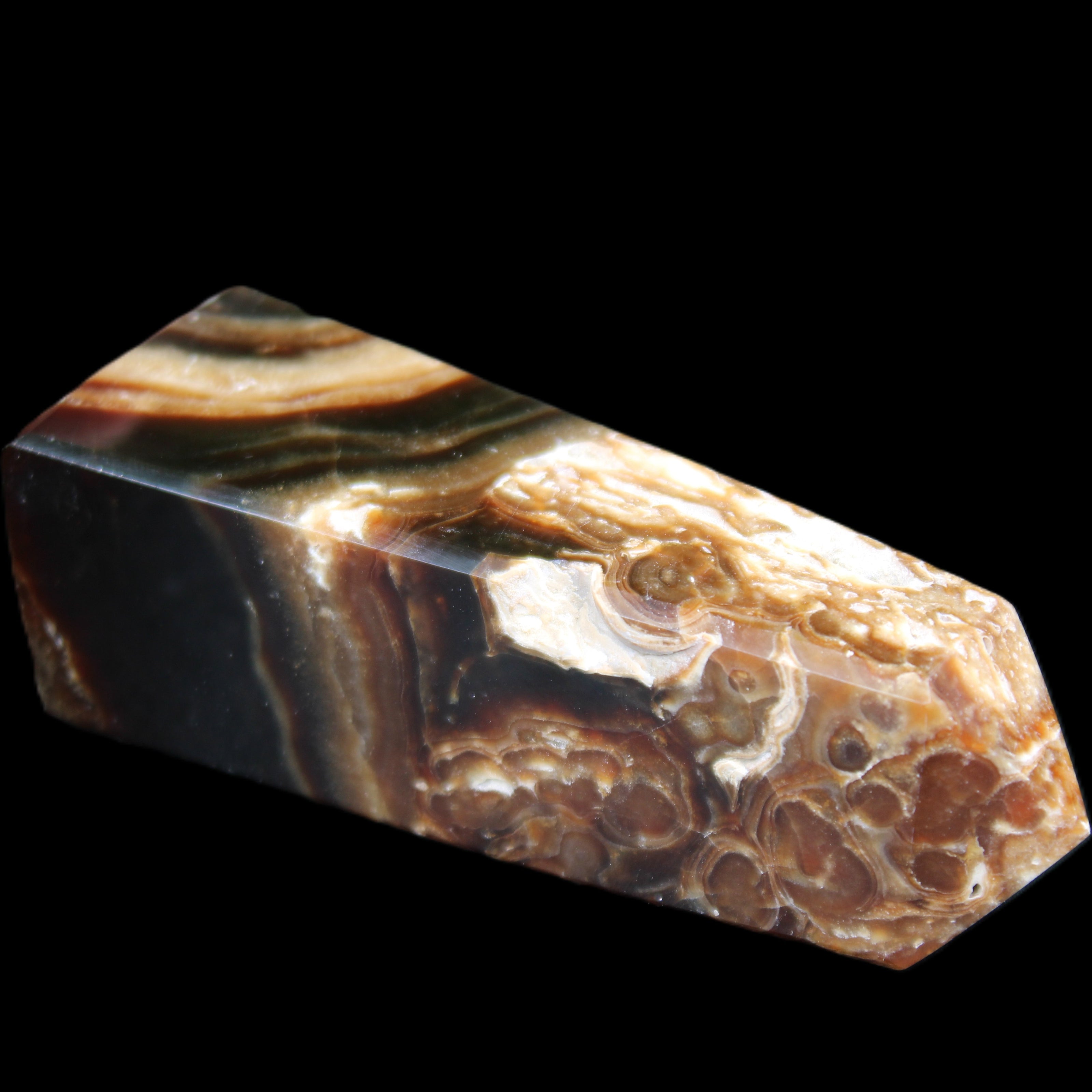 Chocolate Calcite obelisk 111*35mm 208g in UV light - Rocks and Things Store