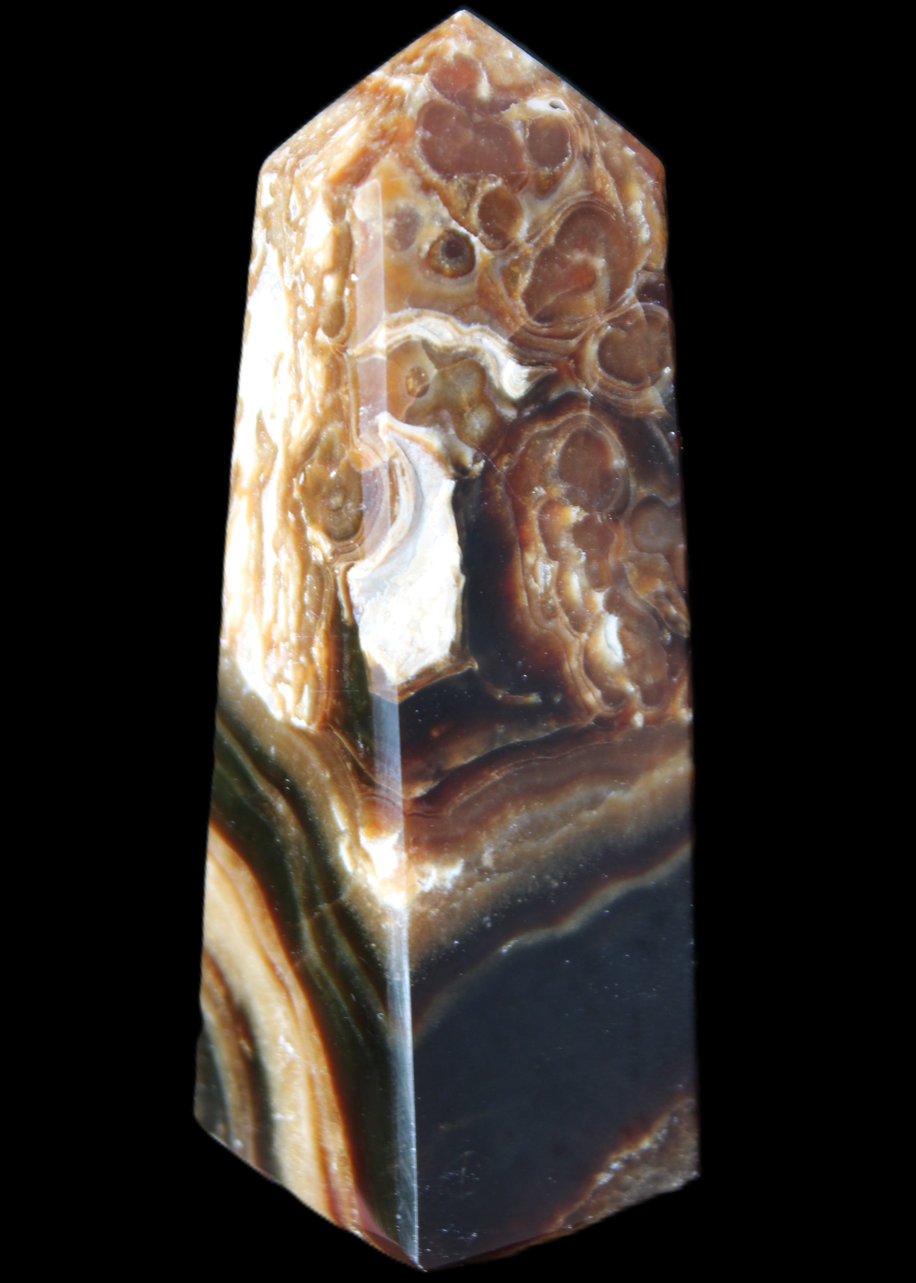 Chocolate Calcite obelisk 111*35mm 208g in UV light - Rocks and Things Store