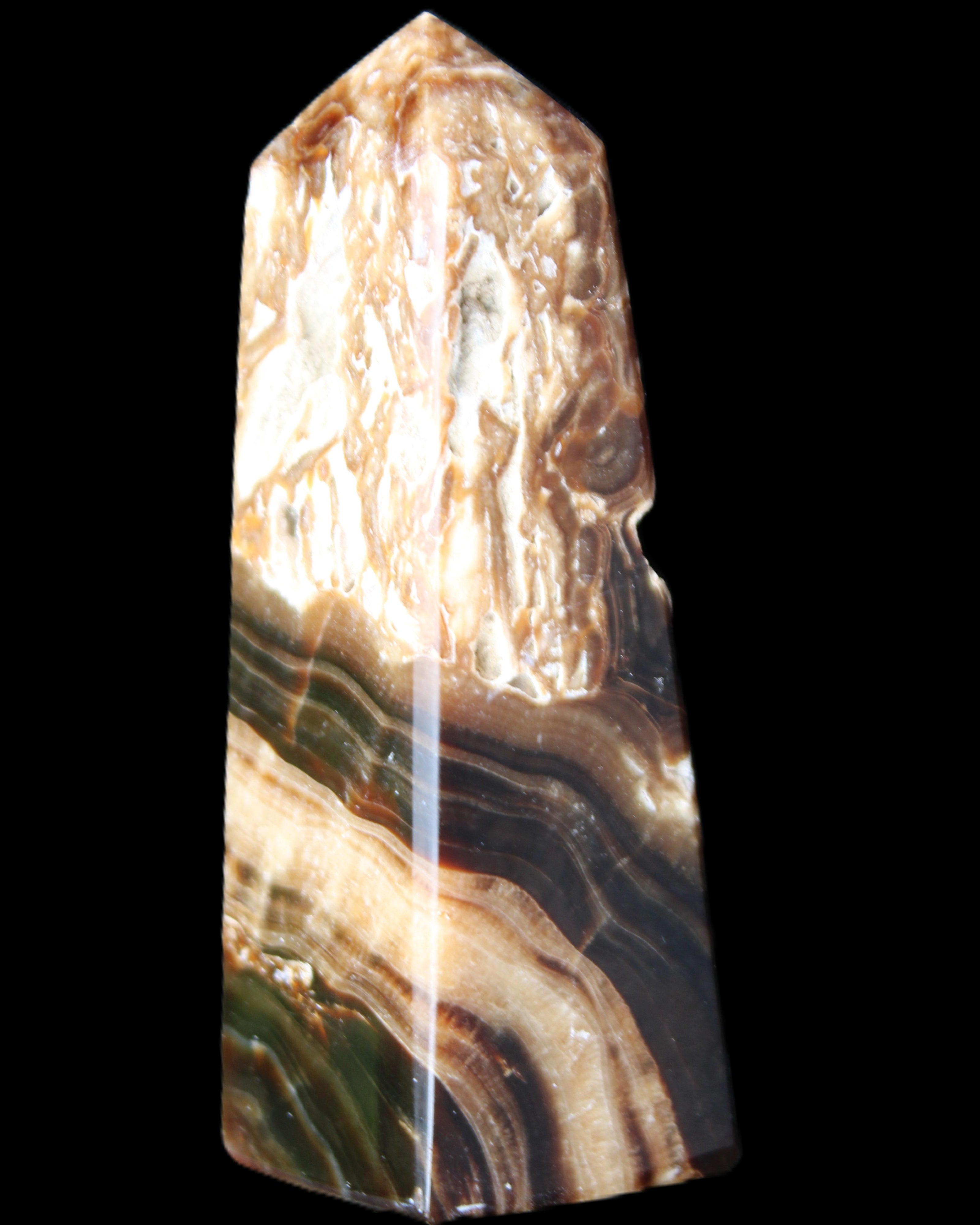 Chocolate Calcite obelisk 111*35mm 208g in UV light - Rocks and Things Store