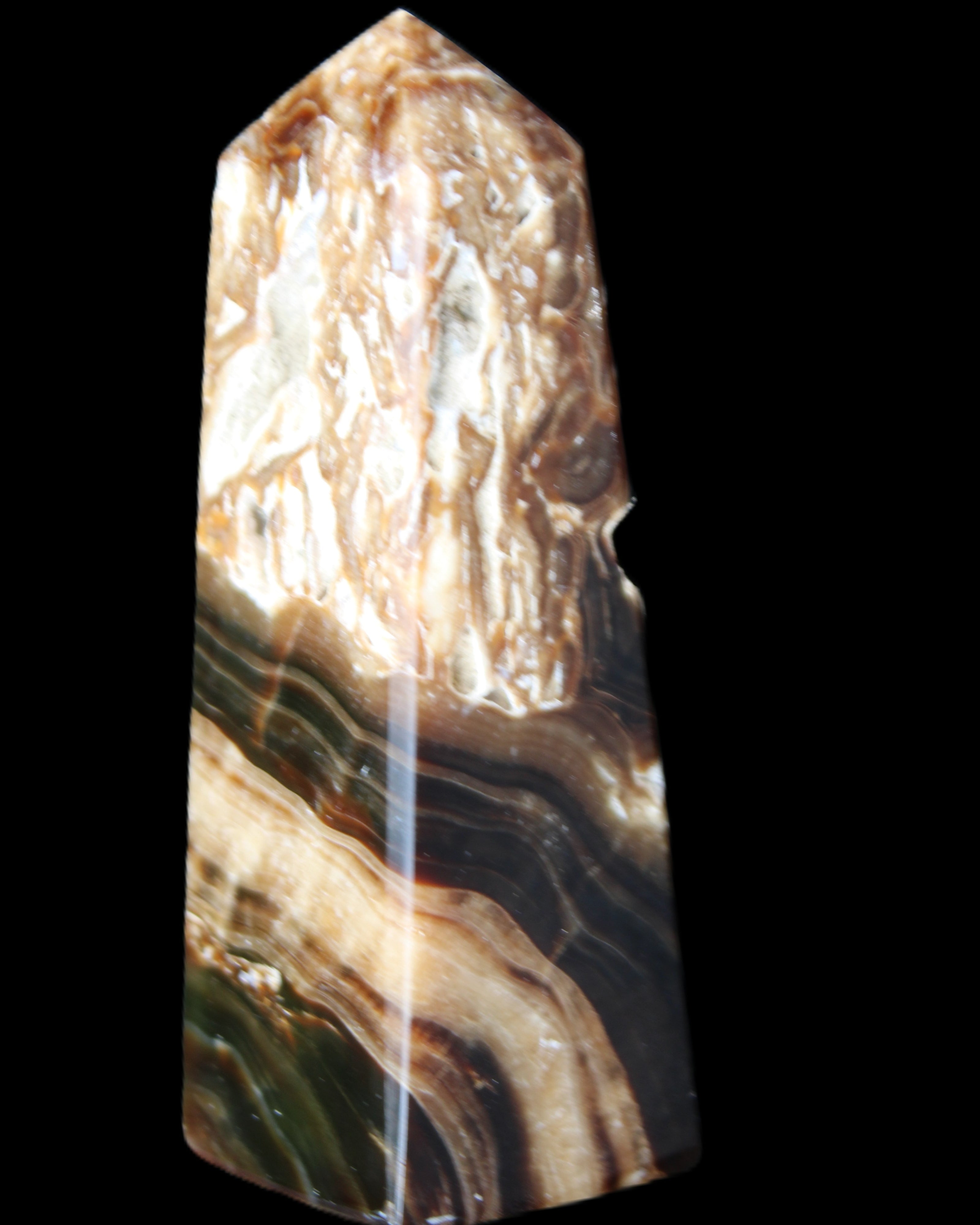 Chocolate Calcite obelisk 111*35mm 208g in UV light - Rocks and Things Store