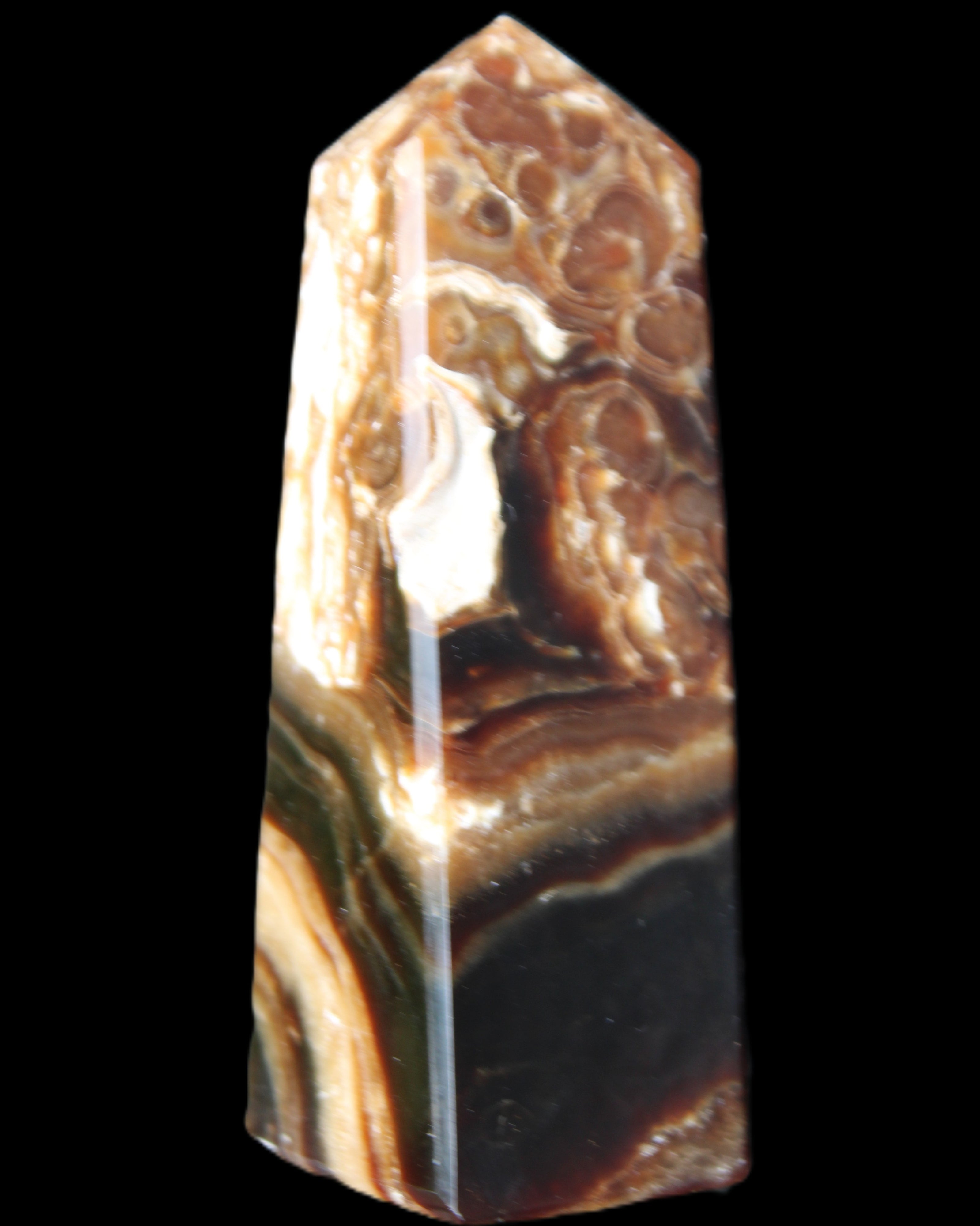 Chocolate Calcite obelisk 111*35mm 208g in UV light - Rocks and Things Store
