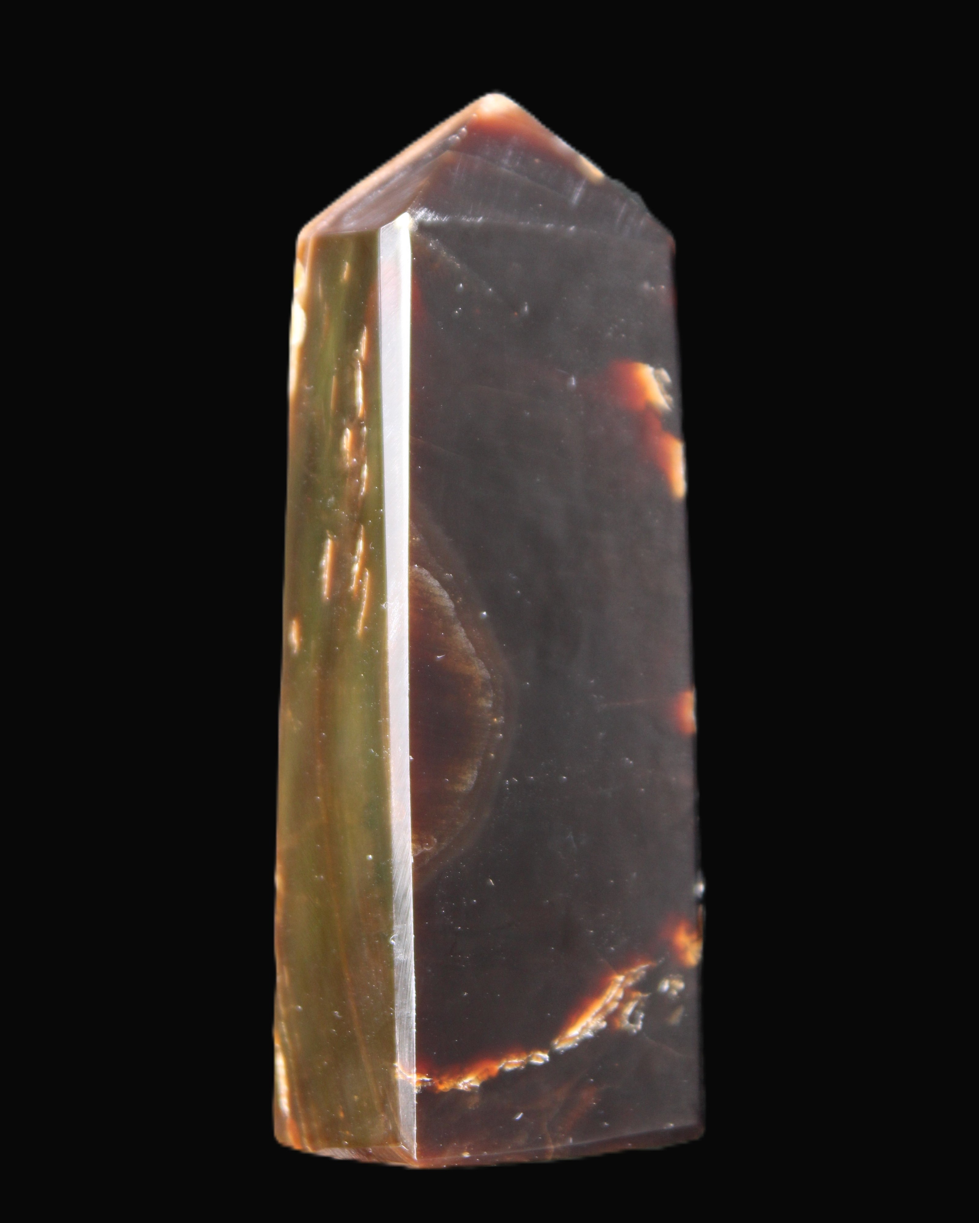 Chocolate Calcite obelisk 93*33mm 177g in UV light - Rocks and Things Store