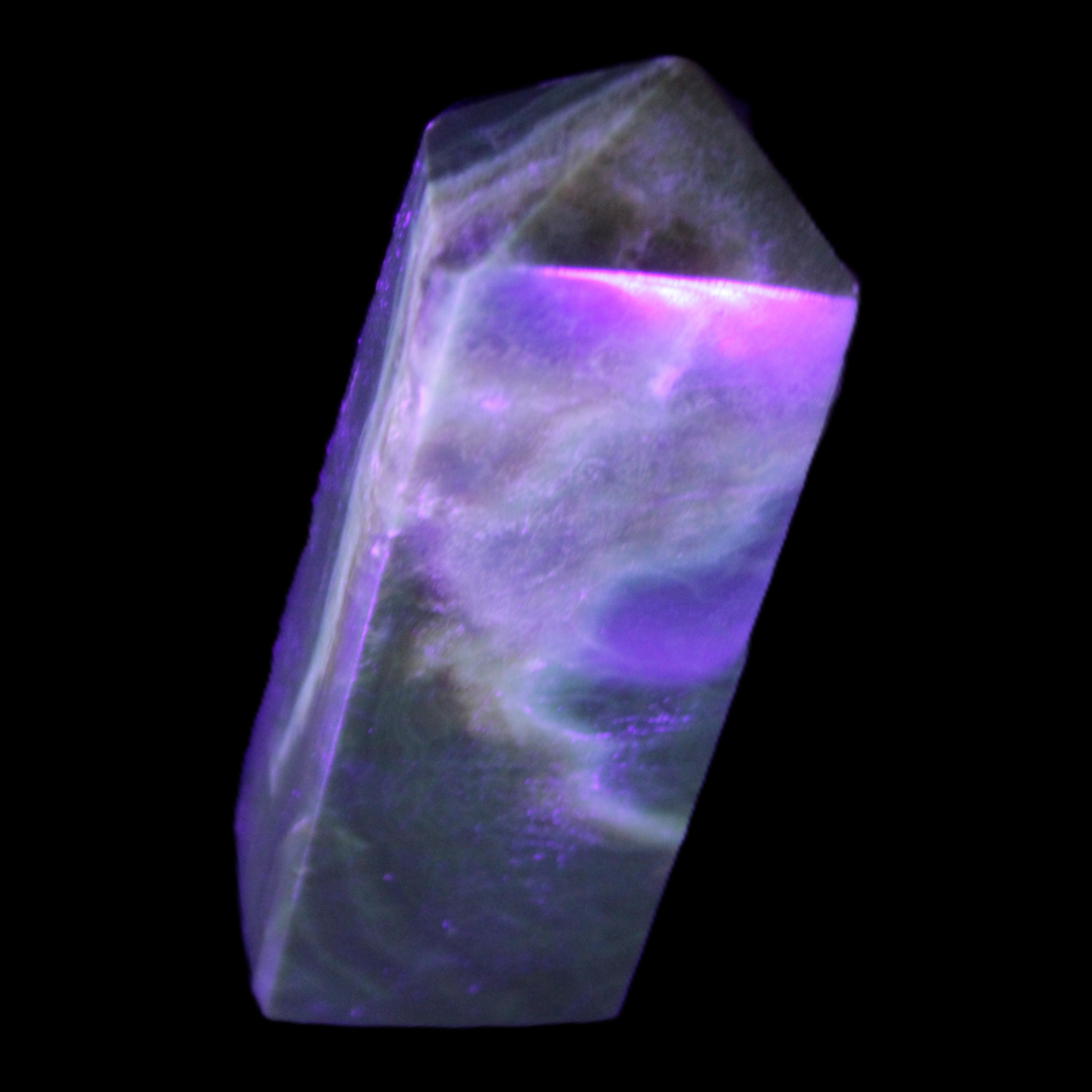 Chocolate Calcite obelisk 93*33mm 177g in UV light - Rocks and Things Store