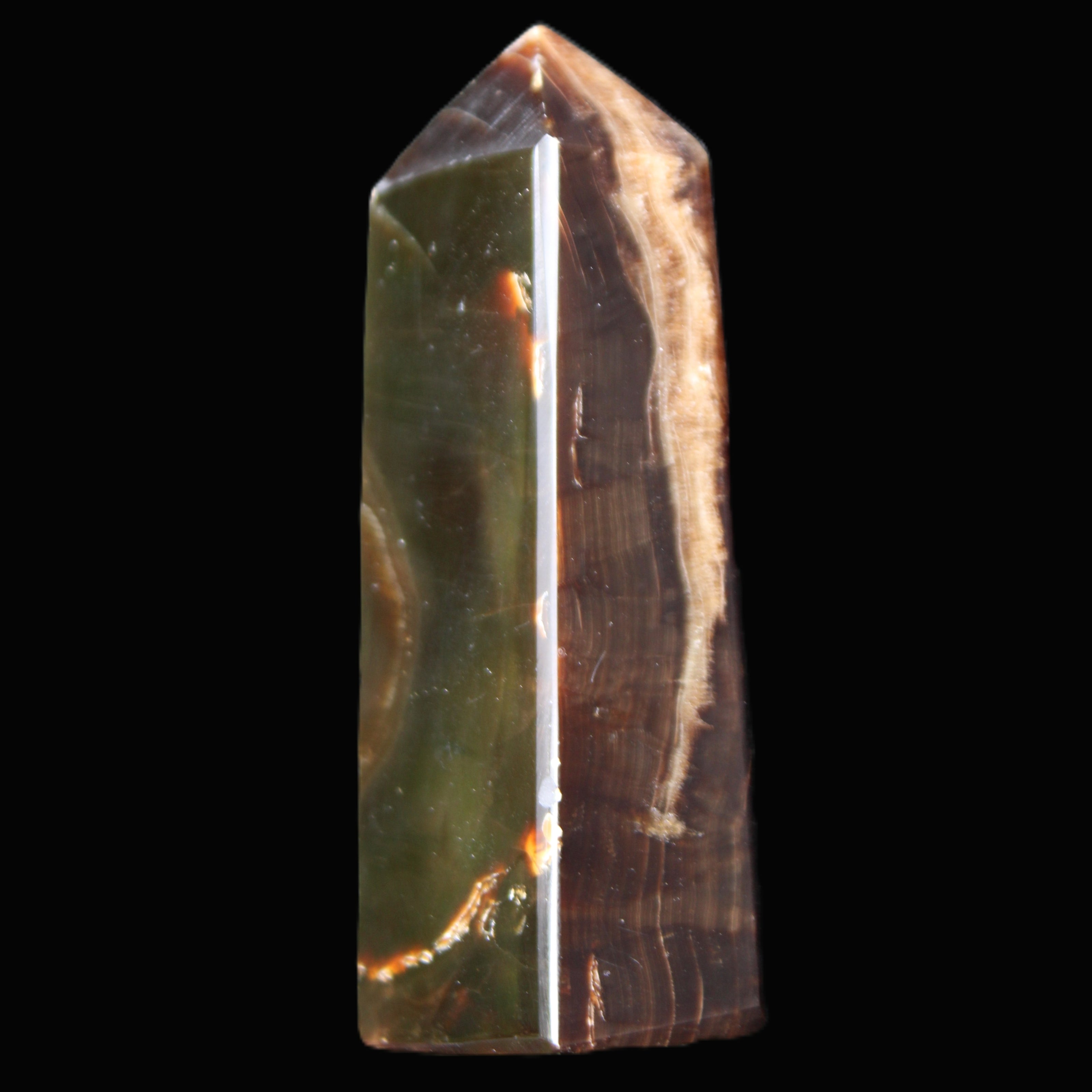 Chocolate Calcite obelisk 93*33mm 177g in UV light - Rocks and Things Store
