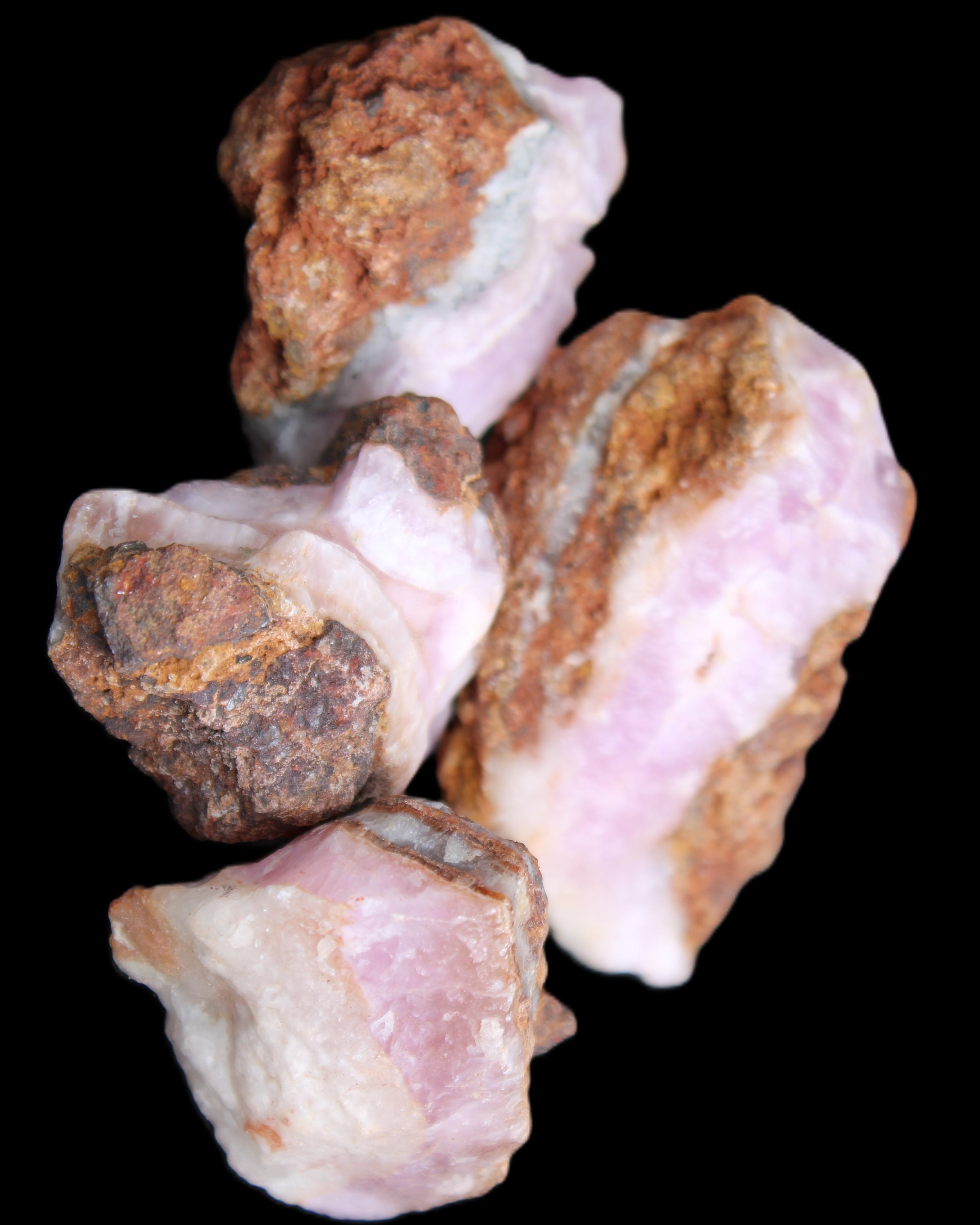 Pink Aragonite with ironstone 4 stones 40-58mm 175g in UV light - Rocks and Things Store