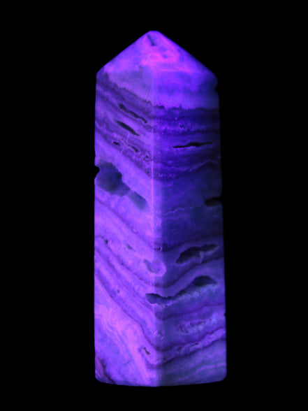 Aqua Blue Caribbean Calcite obelisk 292g in UV light - Rocks and Things Store