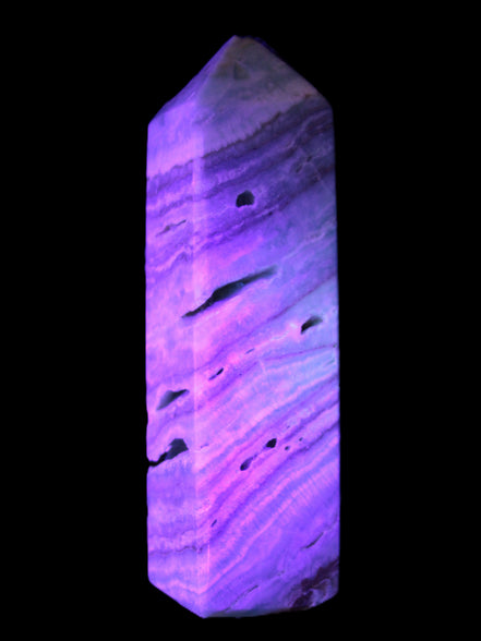 Aqua Blue Caribbean Calcite obelisk 292g in UV light - Rocks and Things Store