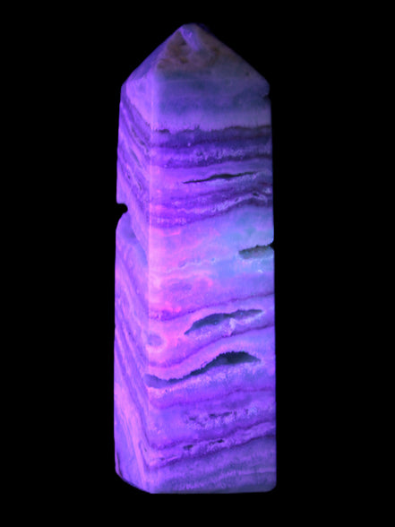 Aqua Blue Caribbean Calcite obelisk 292g in UV light - Rocks and Things Store