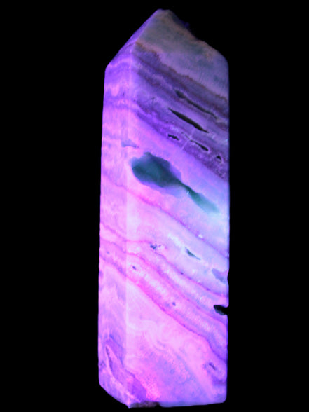 Aqua Blue Caribbean Calcite obelisk 292g in UV light - Rocks and Things Store