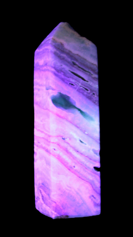 Aqua Blue Caribbean Calcite obelisk 292g in UV light - Rocks and Things Store