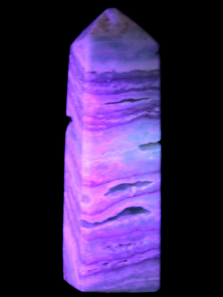 Aqua Blue Caribbean Calcite obelisk 292g in UV light - Rocks and Things Store