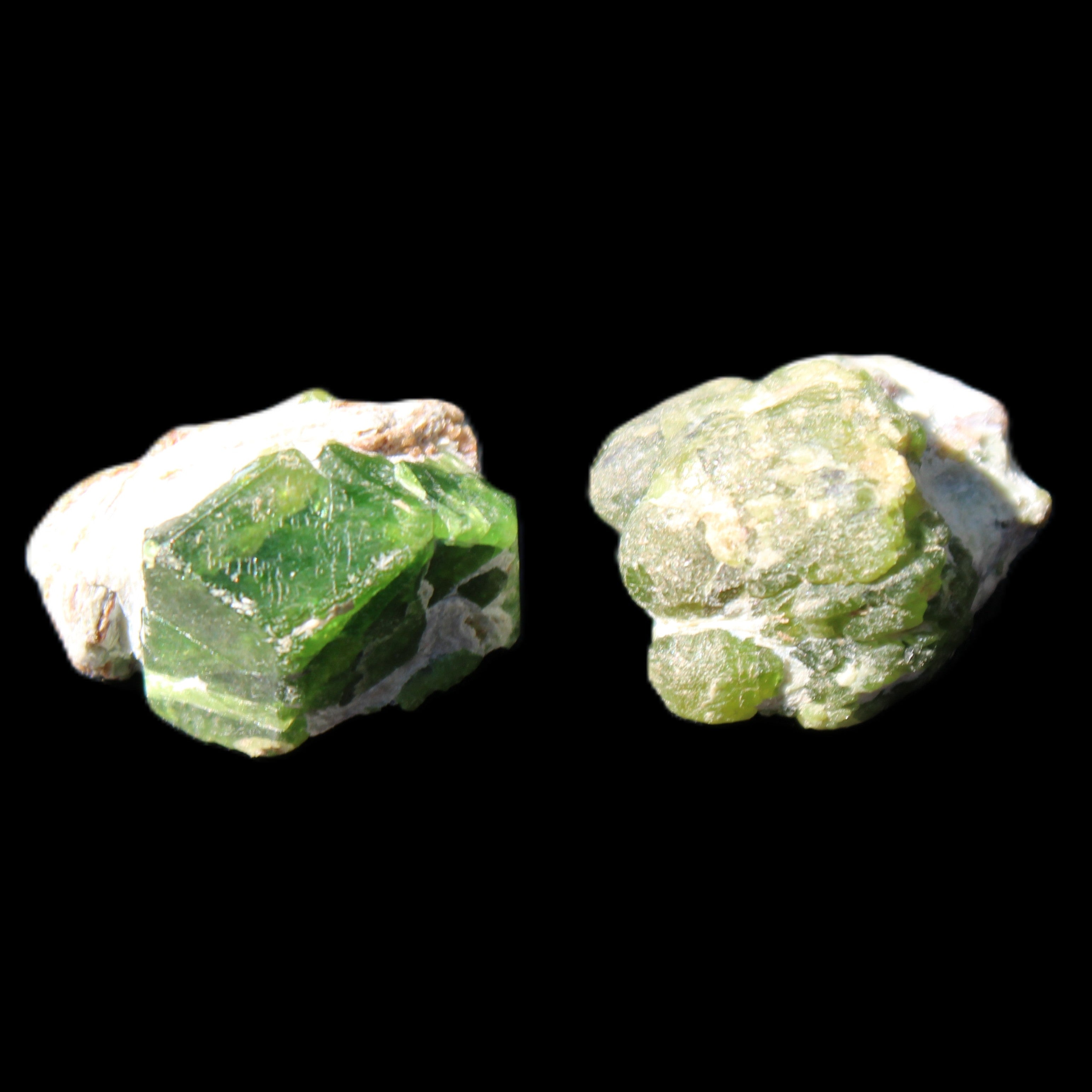 Green Garnet from Pakistan 2 crystals 20mm 12.1g in sunlight - Rocks and Things Store