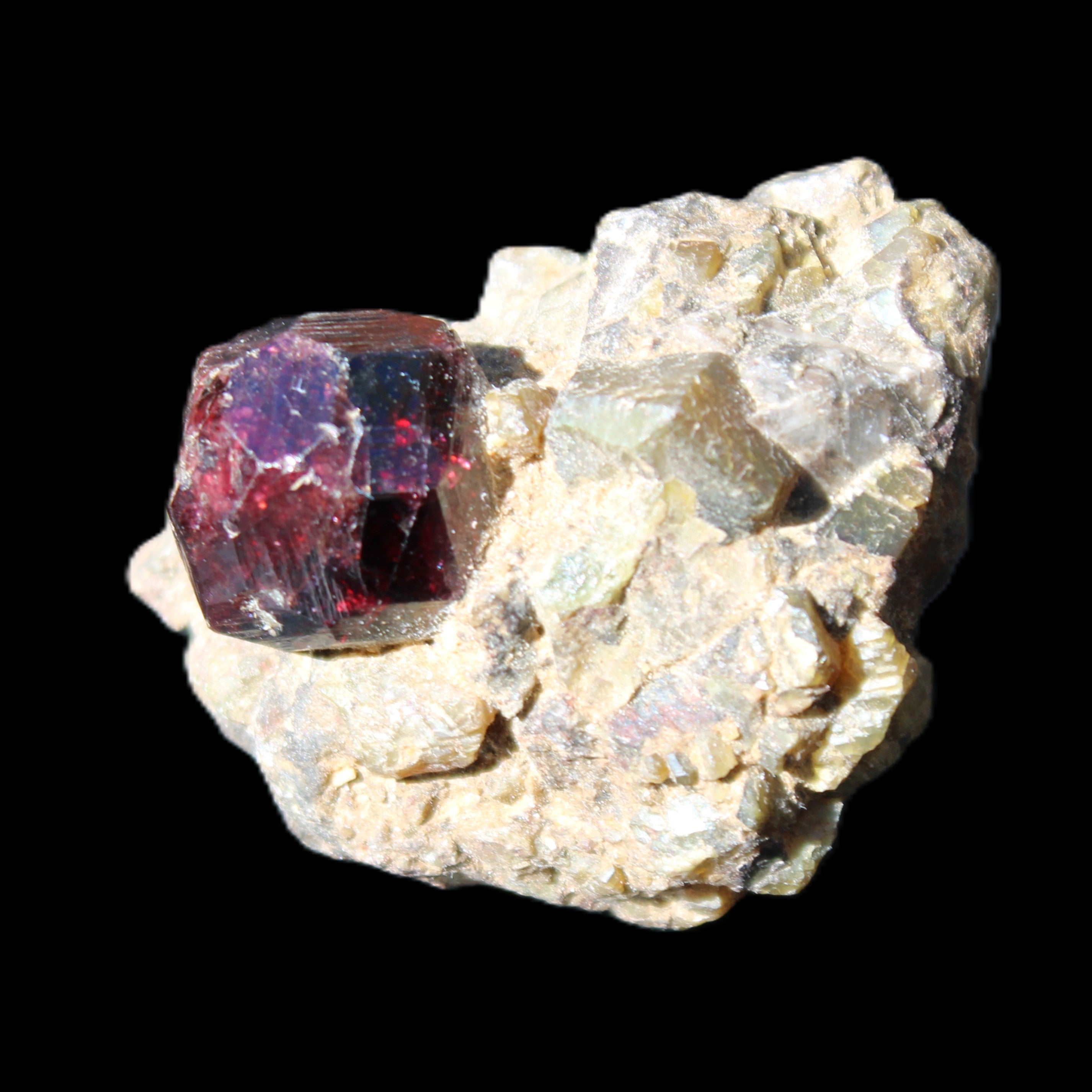 Red with Green Garnet cluster from Pakistan crystal cluster 45*38*45mm 97g in sunlight - Rocks and Things Store
