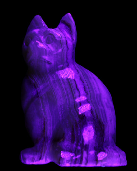 Afghan Jade hand-carved Cat 80*46*103mm 540g in UV light - Rocks and Things Store