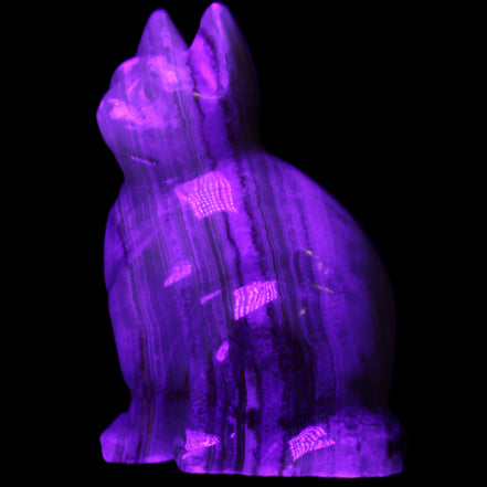 Afghan Jade hand-carved Cat 80*46*103mm 540g in UV light - Rocks and Things Store