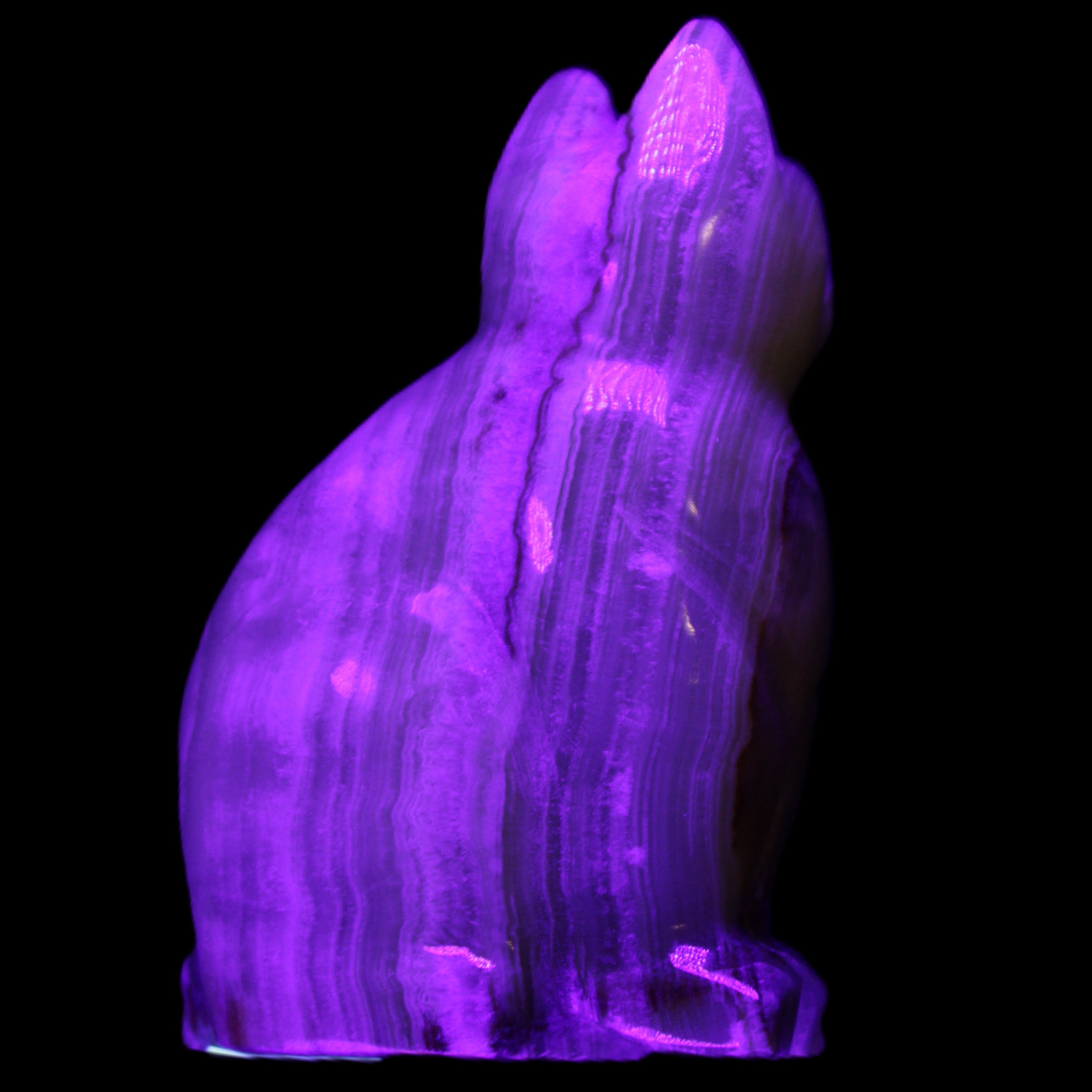 Afghan Jade hand-carved Cat 80*46*103mm 540g in UV light - Rocks and Things Store