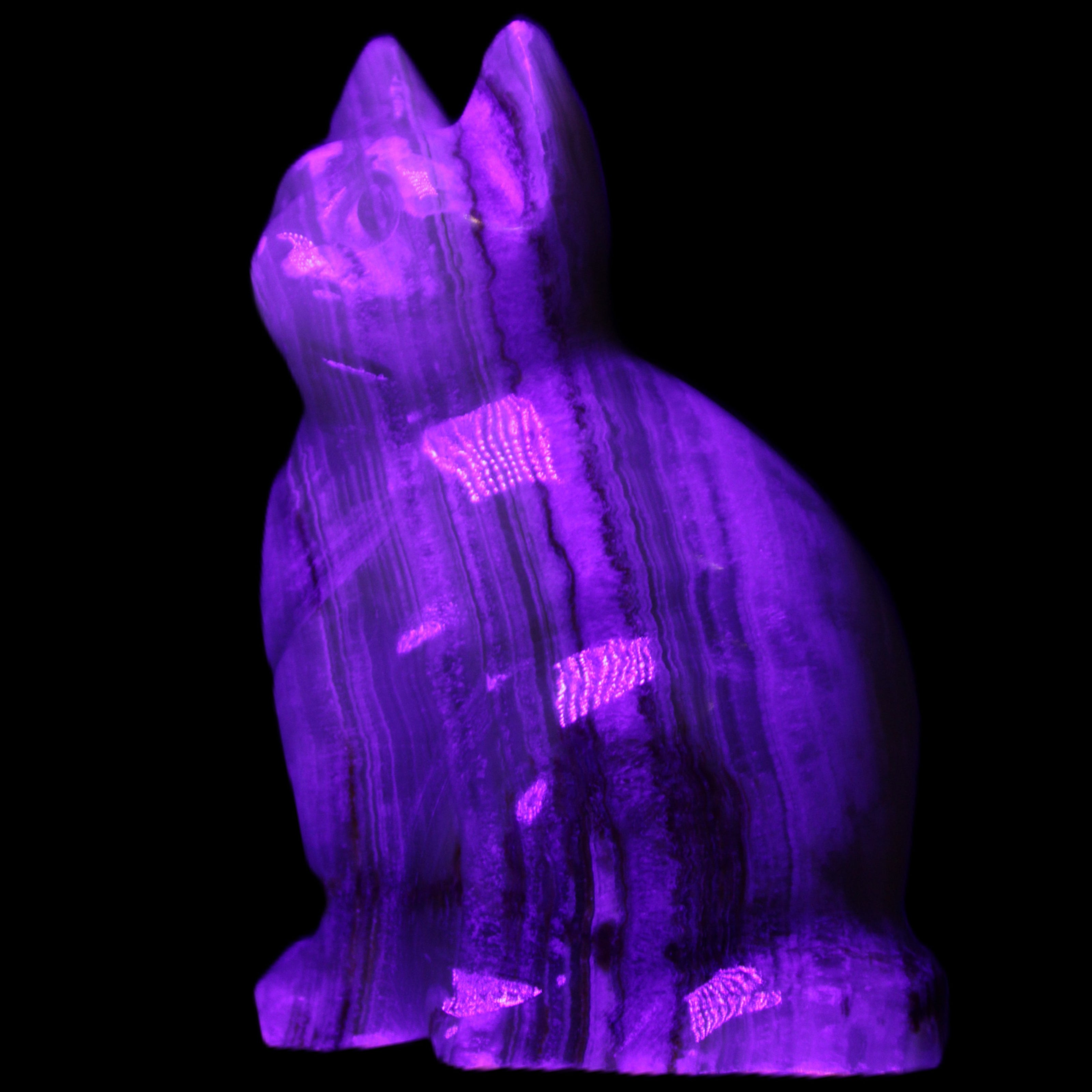 Afghan Jade hand-carved Cat 80*46*103mm 540g in UV light - Rocks and Things Store