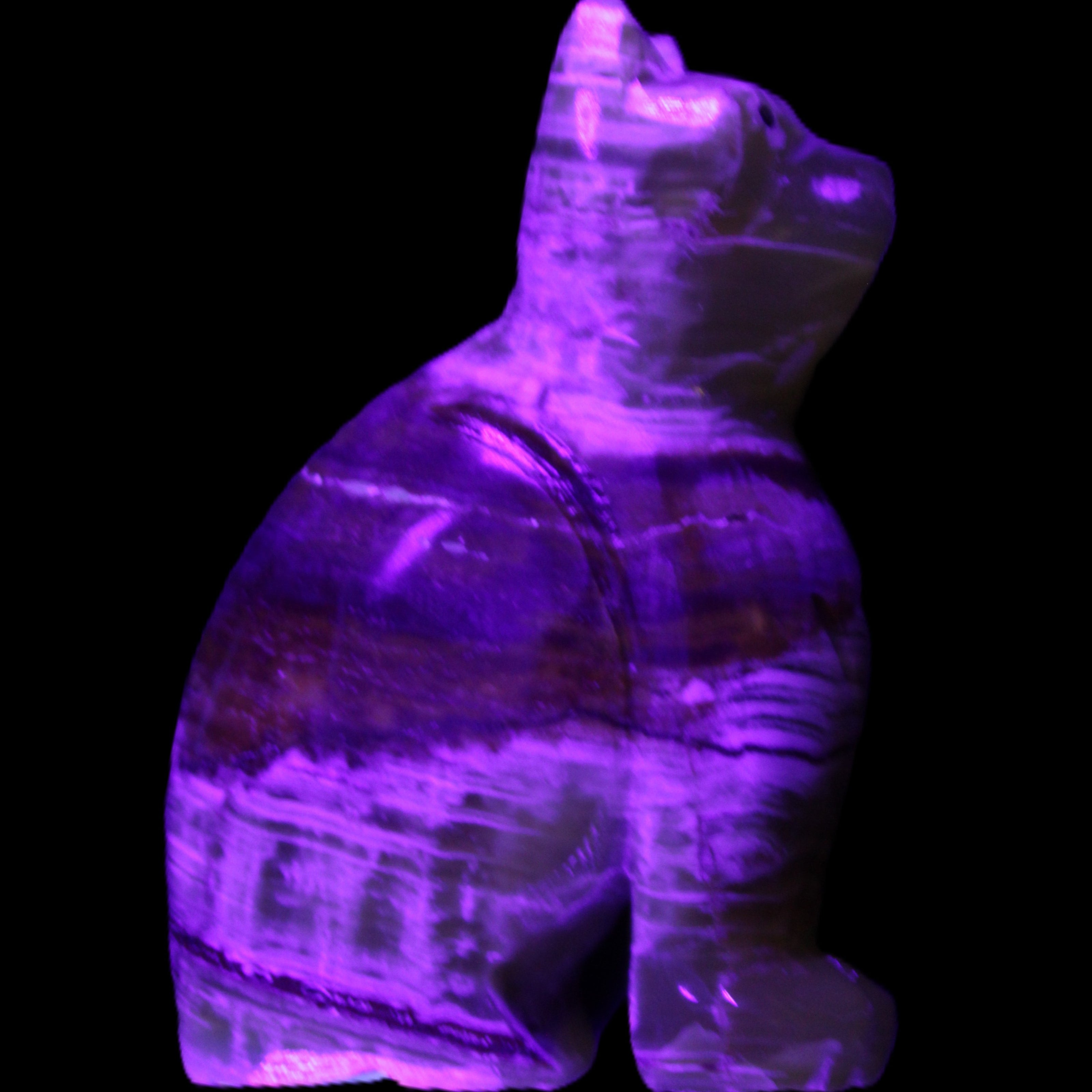 Afghan Jade hand-carved Cat 67*31*103mm 354g in UV light - Rocks and Things Store