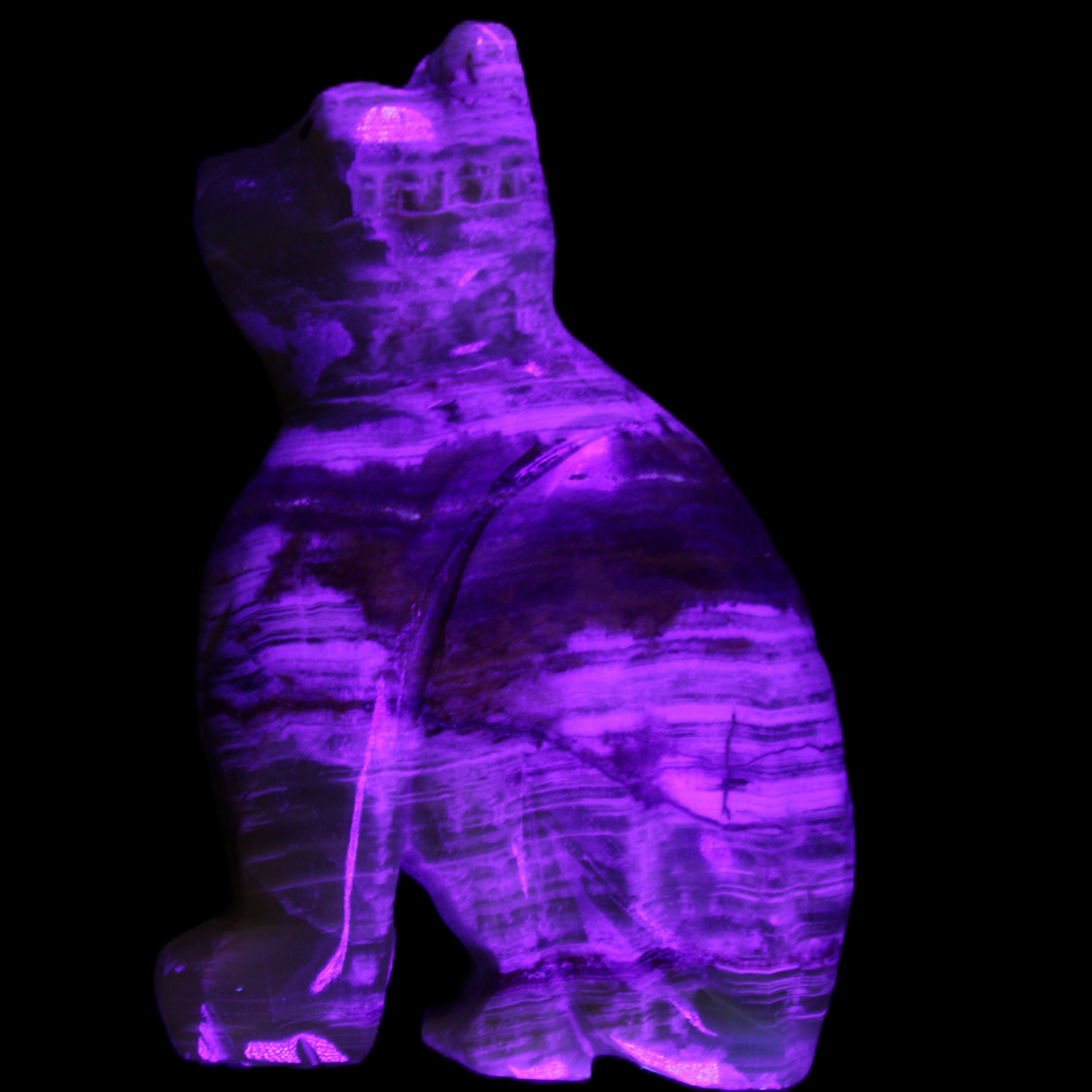 Afghan Jade hand-carved Cat 67*31*103mm 354g in UV light - Rocks and Things Store