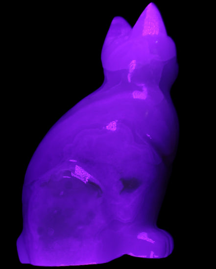 White Onyx Afghan Jade hand-carved Cat 87*48*138mm 773g in UV light - Rocks and Things Store