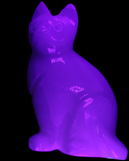 White Onyx Afghan Jade hand-carved Cat 87*48*138mm 773g in UV light - Rocks and Things Store