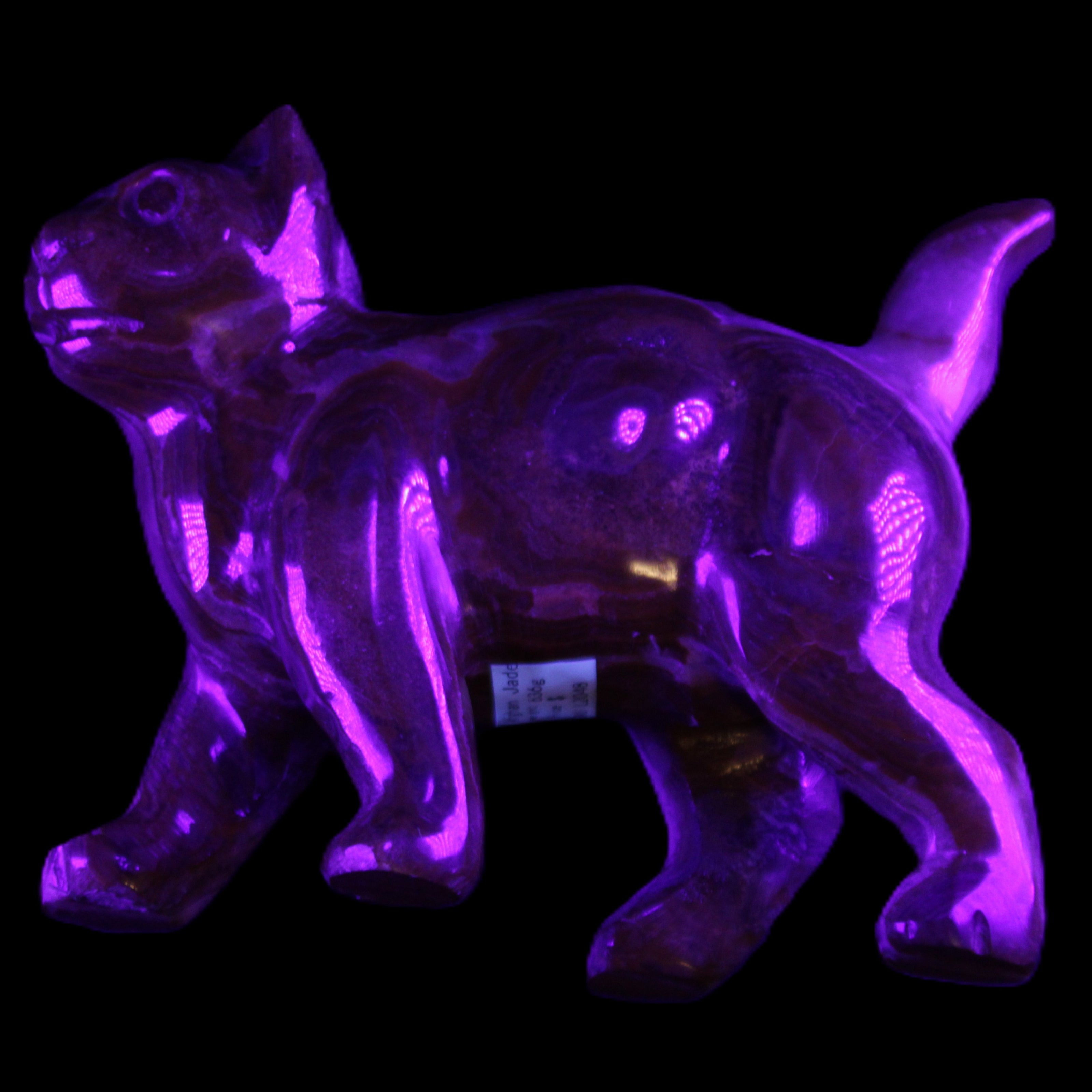 Afghan Jade hand-carved Cat 128*42*102mm 636g in UV light - Rocks and Things Store