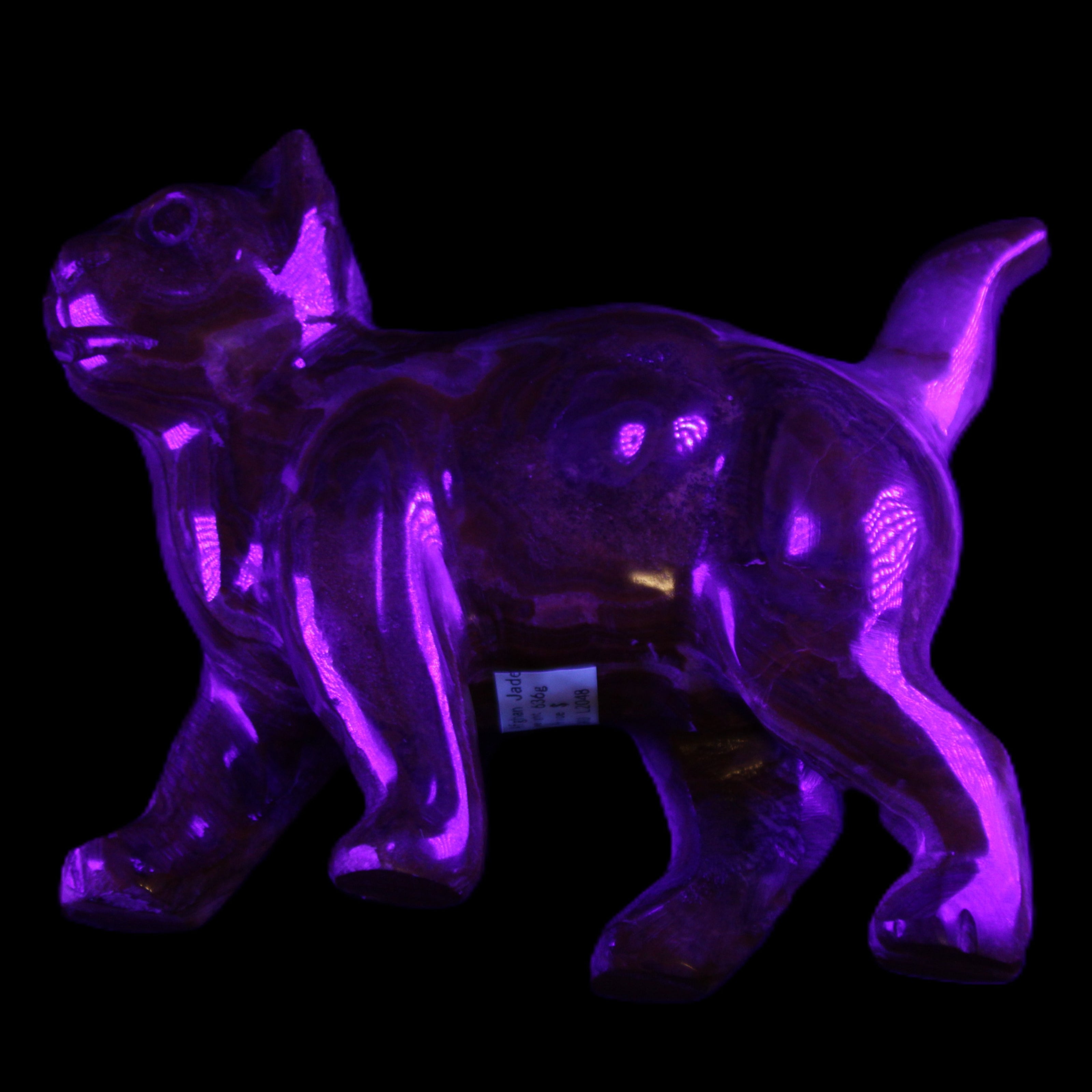 Afghan Jade hand-carved Cat 128*42*102mm 636g in UV light - Rocks and Things Store