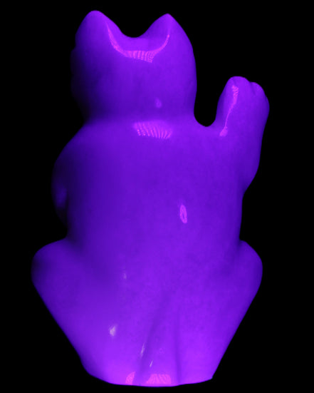 White Jade hand-carved Cat 84*47*135mm 718g in UV light - Rocks and Things Store