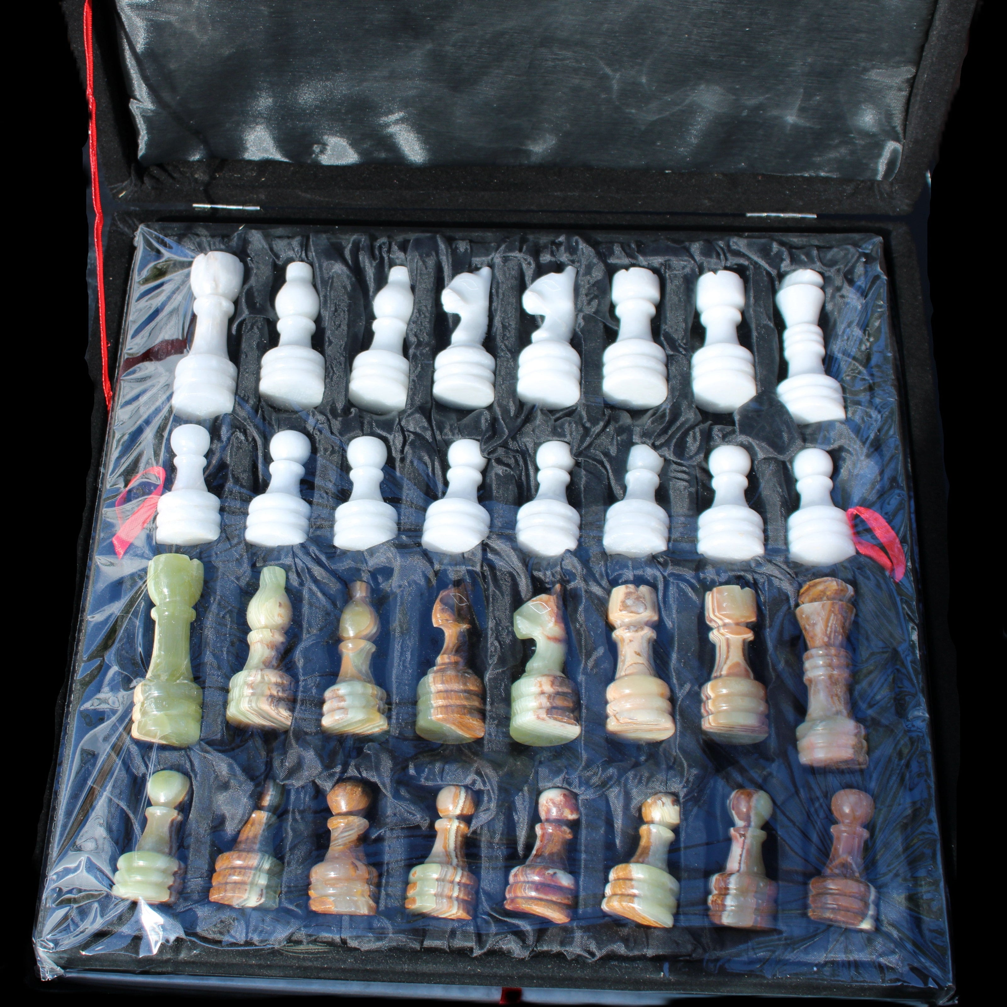 Afghan Jade Onyx hand-carved Chess Set in case in sunlight - Rocks and Things Store
