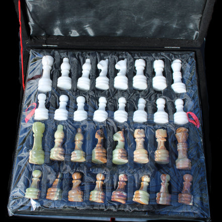 Afghan Jade Onyx hand-carved Chess Set in case in sunlight - Rocks and Things Store