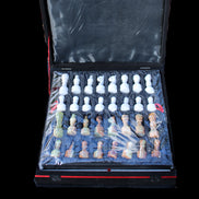 Afghan Jade Onyx hand-carved Chess Set in case in sunlight - Rocks and Things Store