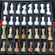 Afghan Jade Onyx hand-carved Chess Set in case in sunlight - Rocks and Things Store