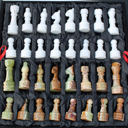 Afghan Jade Onyx hand-carved Chess Set in case in sunlight - Rocks and Things Store
