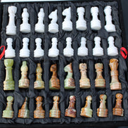 Afghan Jade Onyx hand-carved Chess Set in case in sunlight - Rocks and Things Store