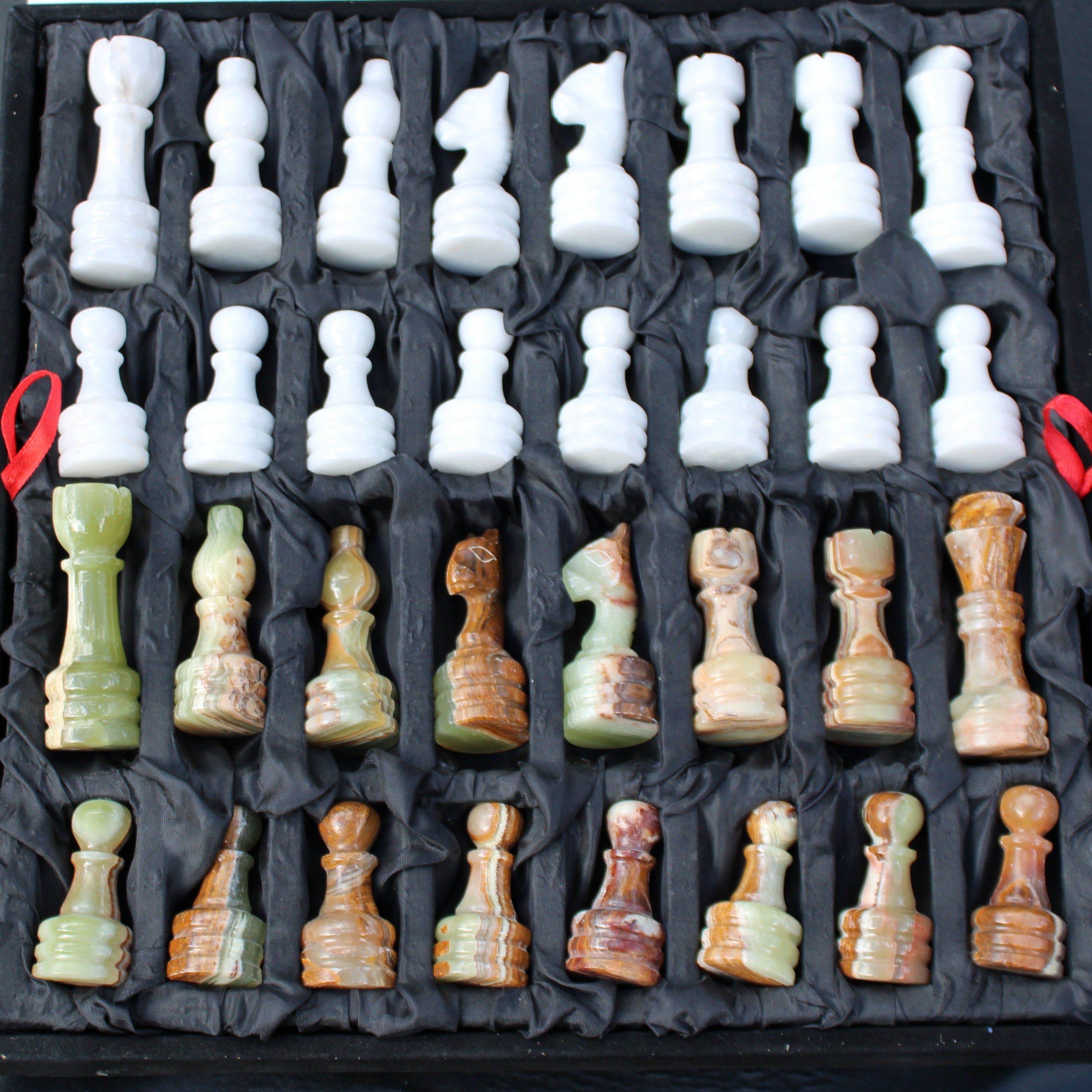 Afghan Jade Onyx hand-carved Chess Set in case in sunlight - Rocks and Things Store