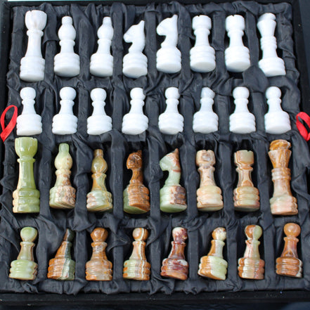 Afghan Jade Onyx hand-carved Chess Set in case in sunlight - Rocks and Things Store