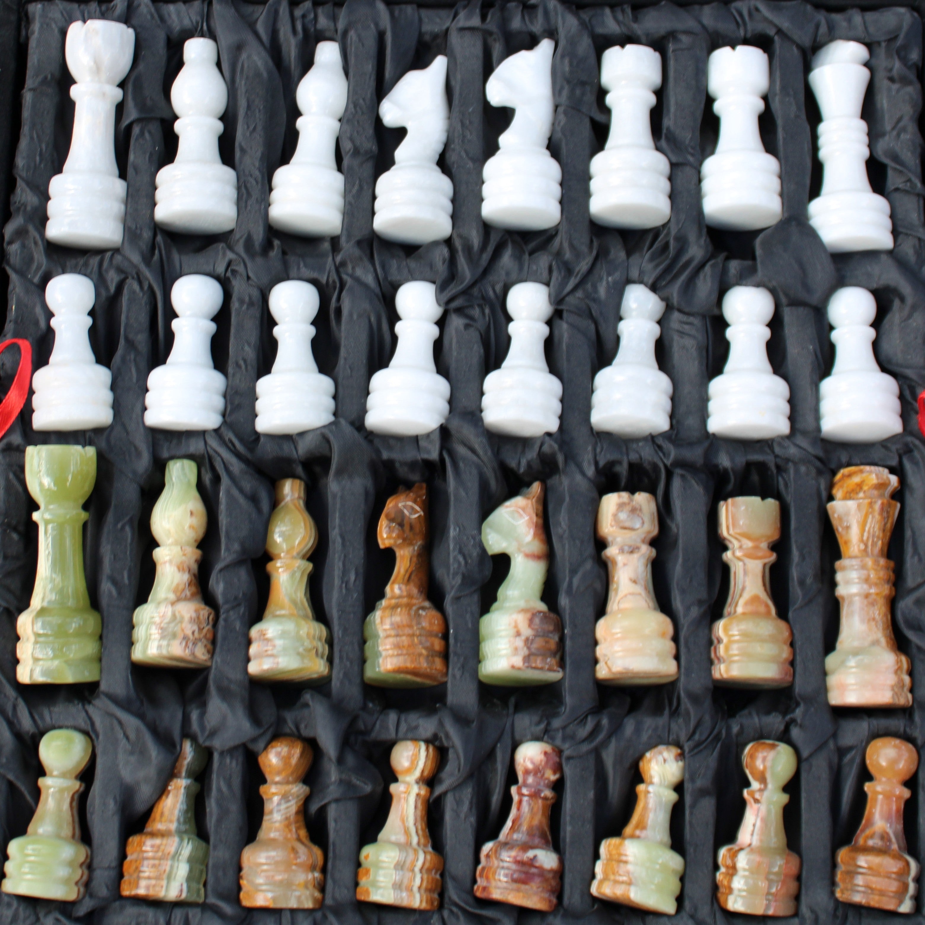 Afghan Jade Onyx hand-carved Chess Set in case in sunlight - Rocks and Things Store