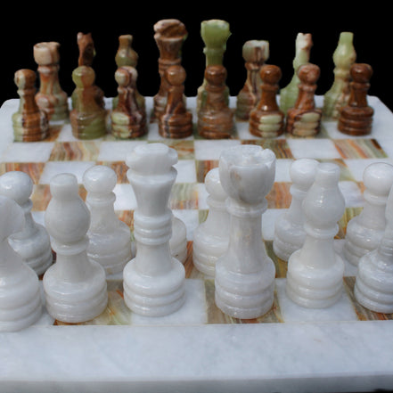 Afghan Jade Onyx hand-carved Chess Set in case in sunlight - Rocks and Things Store