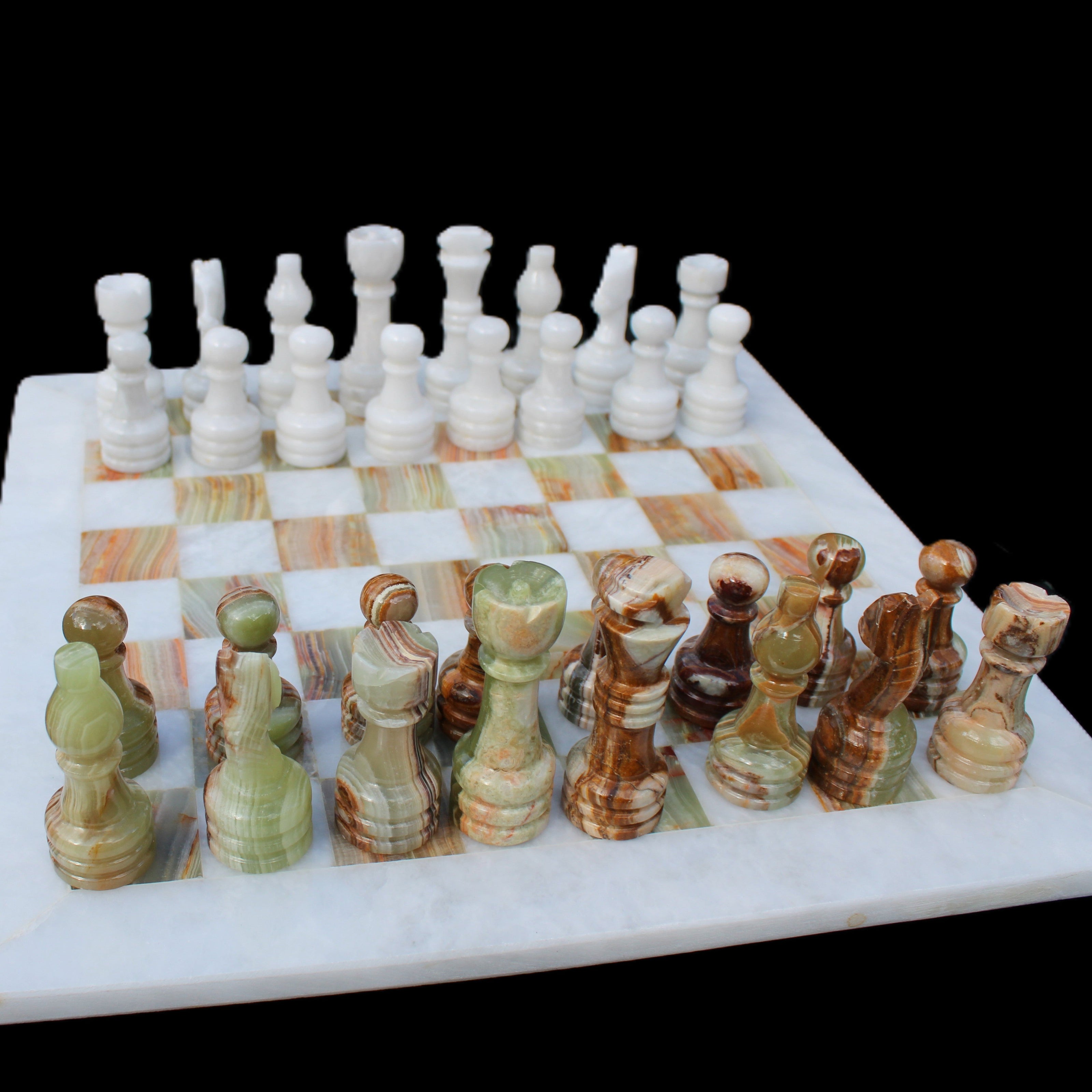 Afghan Jade Onyx hand-carved Chess Set in case in sunlight - Rocks and Things Store