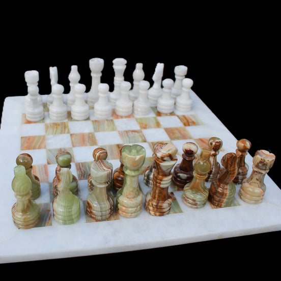 Afghan Jade Onyx hand-carved Chess Set in case in sunlight - Rocks and Things Store