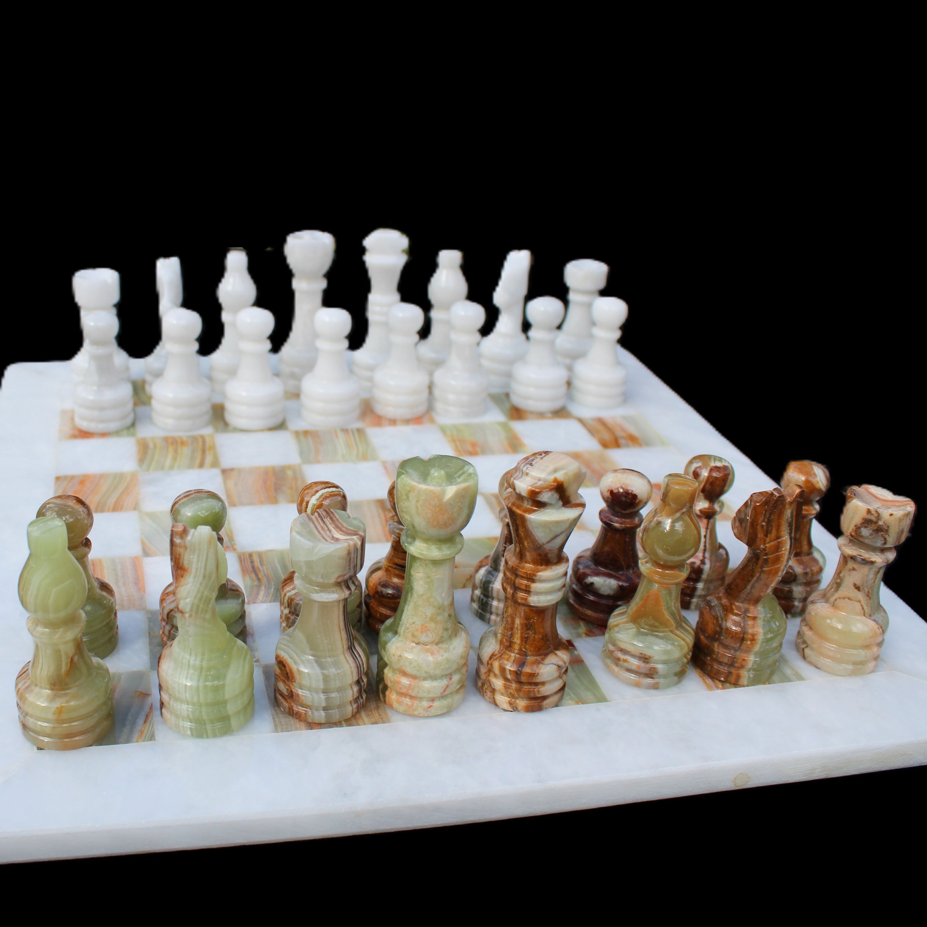 Afghan Jade Onyx hand-carved Chess Set in case in sunlight - Rocks and Things Store