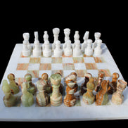 Afghan Jade Onyx hand-carved Chess Set in case in sunlight - Rocks and Things Store