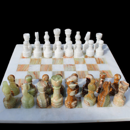 Afghan Jade Onyx hand-carved Chess Set in case in sunlight - Rocks and Things Store