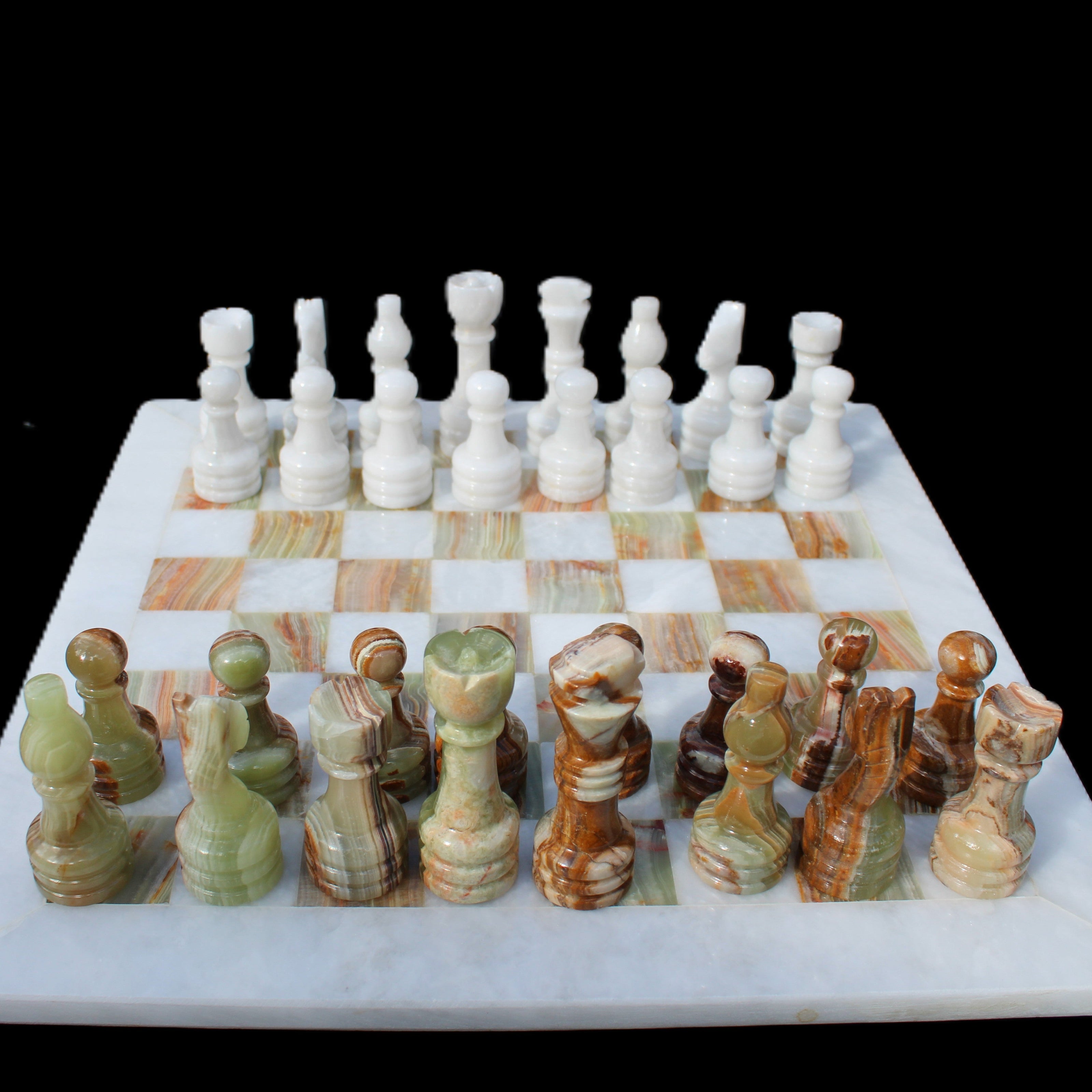 Afghan Jade Onyx hand-carved Chess Set in case in sunlight - Rocks and Things Store