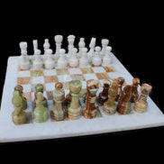 Afghan Jade Onyx hand-carved Chess Set in case in sunlight - Rocks and Things Store