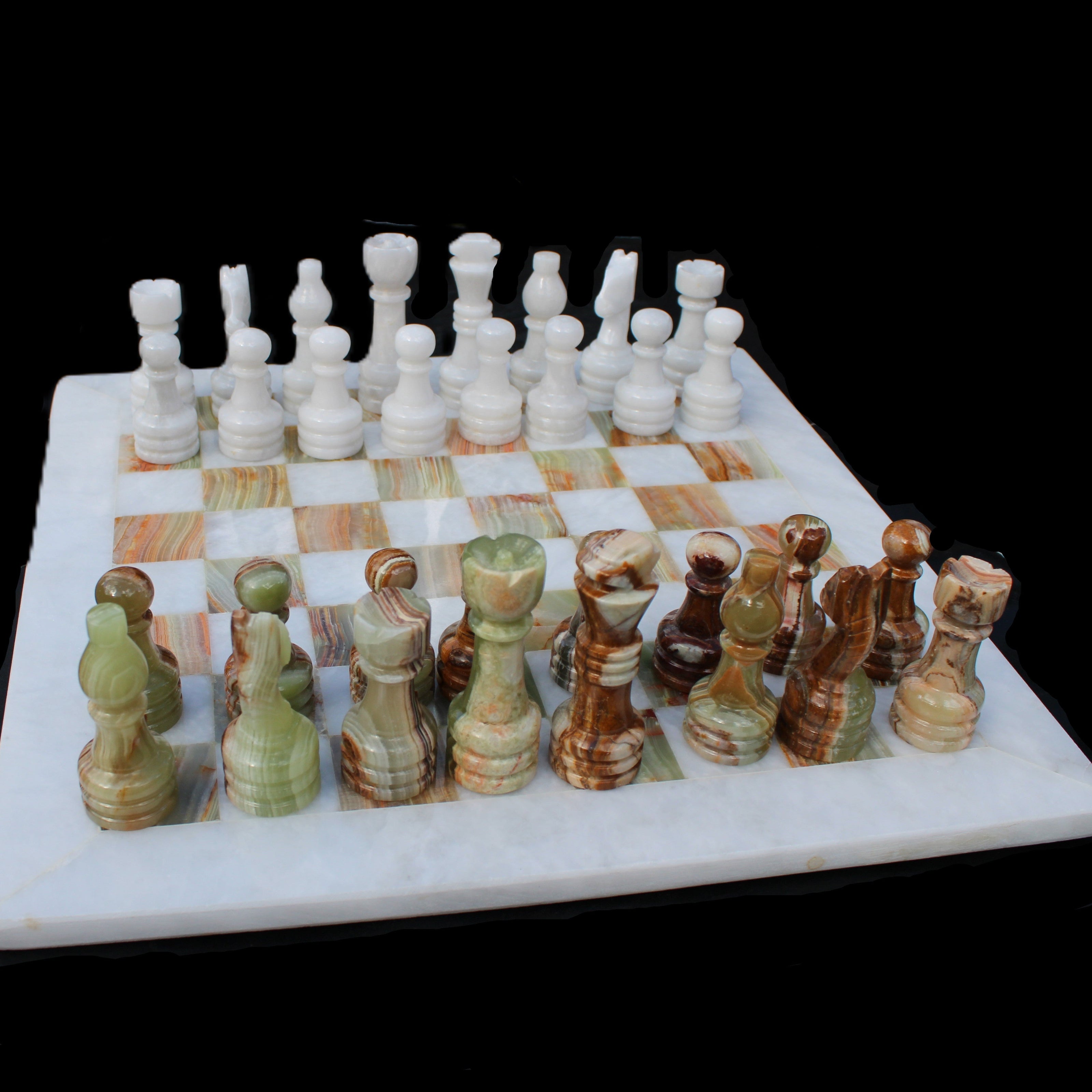 Afghan Jade Onyx hand-carved Chess Set in case in sunlight - Rocks and Things Store