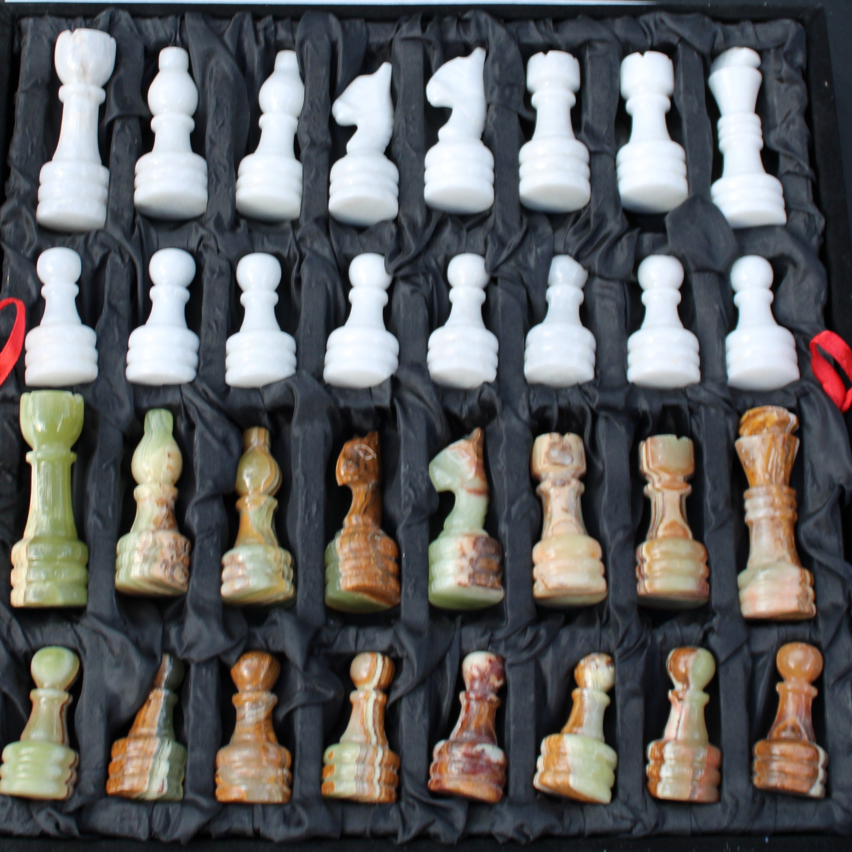 Afghan Jade Onyx hand-carved Chess Set in case in sunlight - Rocks and Things Store