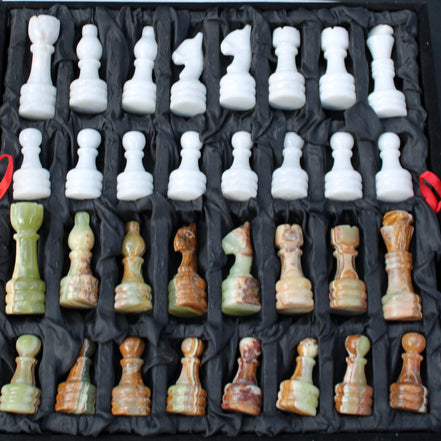 Afghan Jade Onyx hand-carved Chess Set in case in sunlight - Rocks and Things Store